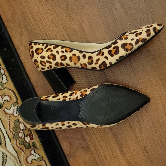 Marc Fisher brown tan leather real cow fur animal print Chunky heel sz 7.5 NEW…